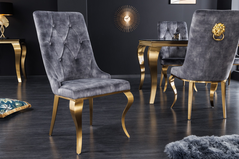 Eleganter Stuhl MODERN BAROCK grau Samt mit goldenem Löwenkopf