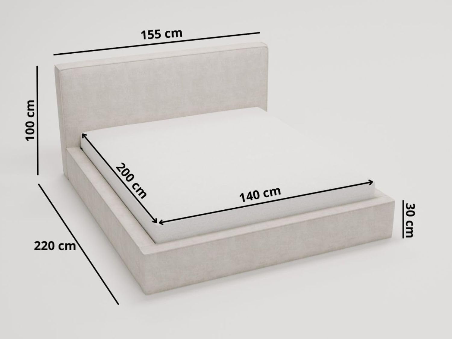 GRAINGOLD Monaco Bett 140x200, Polsterbett mit Bettkasten, Polsterbett mit Stauraum, Velour, mit Lattenrost, mit Kopfteil, ohne Matratze (Creme, 140x200)