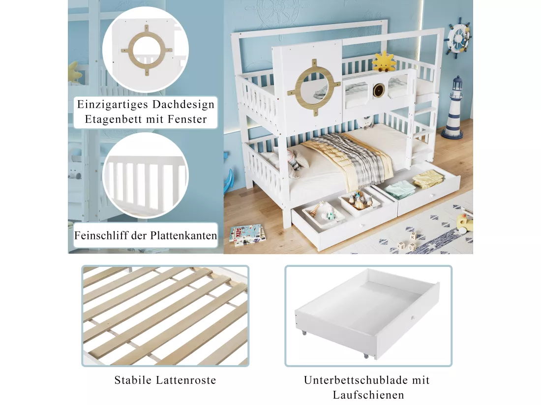 Lits superposés 2 x 90 x 200 cm avec 2 tiroirs, fenêtre & garde-corps - pin + MDF - blanc (sans matelas)