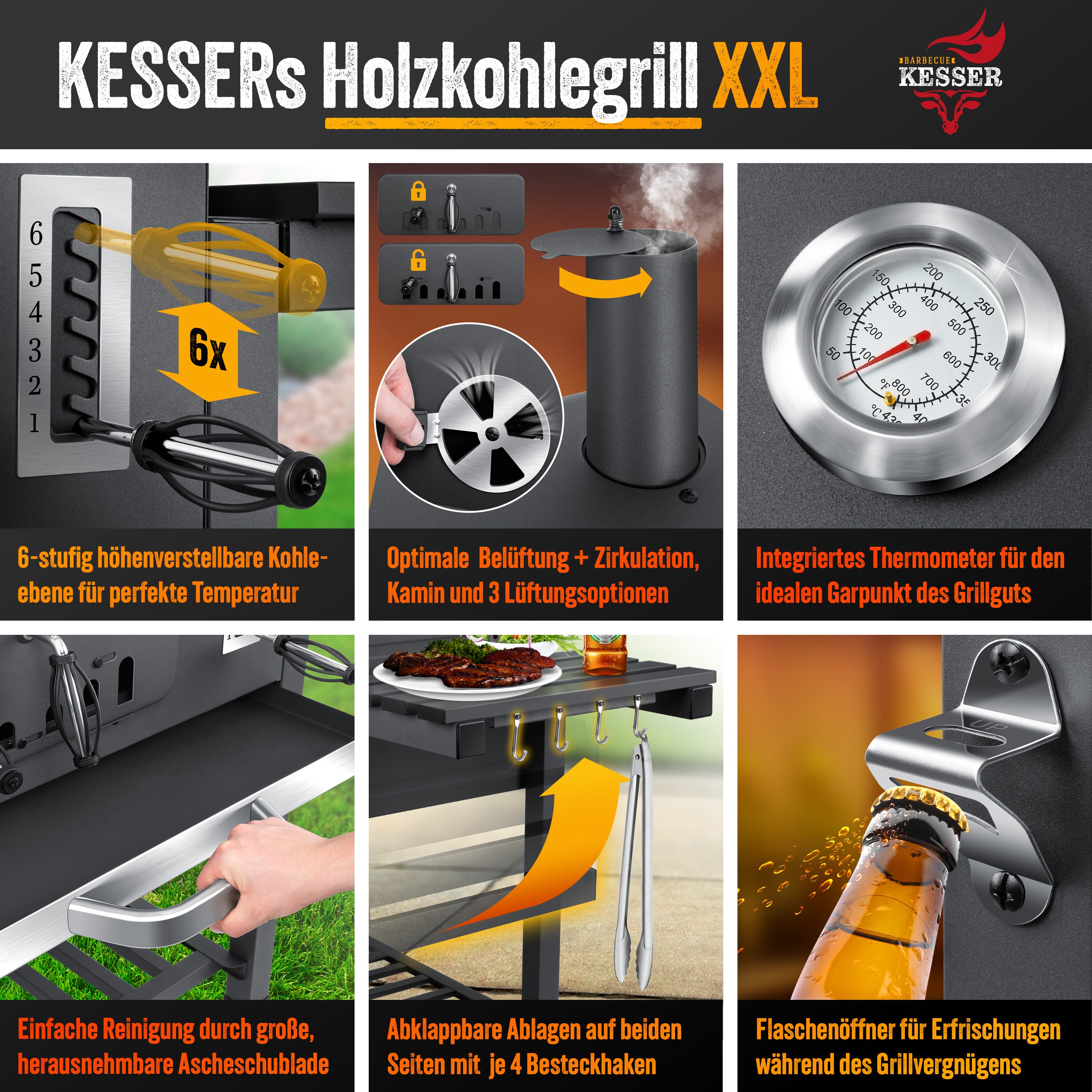 KESSER® Grill Grillwagen XXL Holzkohlegrill mit Deckel, Rädern, Edelstahl-Griff, Grillrost und Thermometer Holzkohle kohlegrill Wagen groß Kohle BBQ Barbeque Camping, Terrasse, Garten
