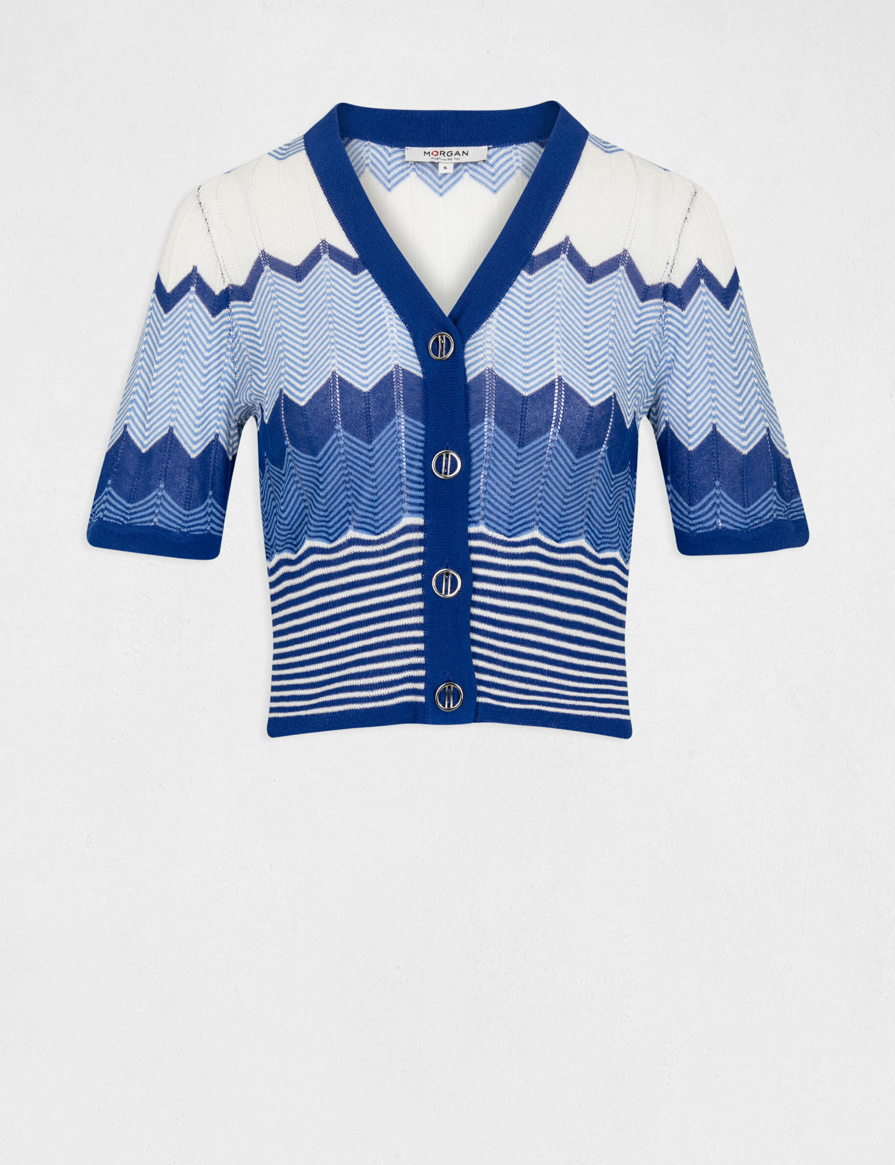 Pull manches courtes imprimé chevron bleu moyen femme - bleu_moyen