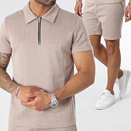 Ensemble Polo Manches Courtes Et Short Jogging Beige Chiné