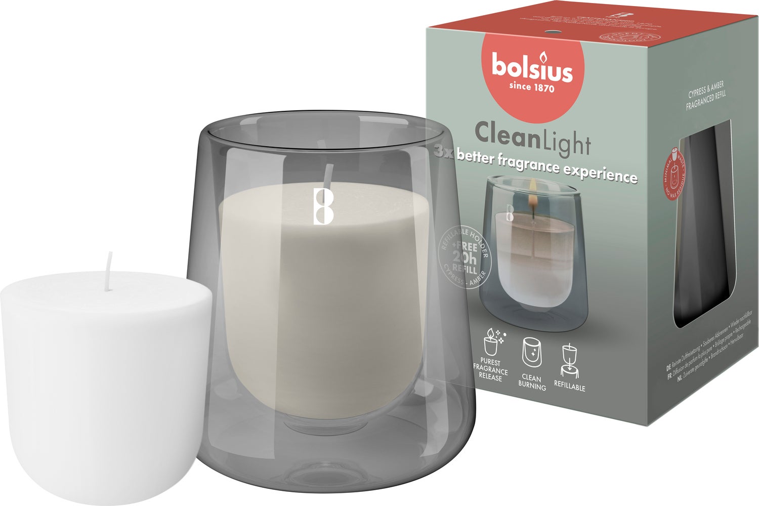 Bolsius geurkaars CleanLight Cypress & Amber grijs 20 uur D 8,3 H 11,6 cm