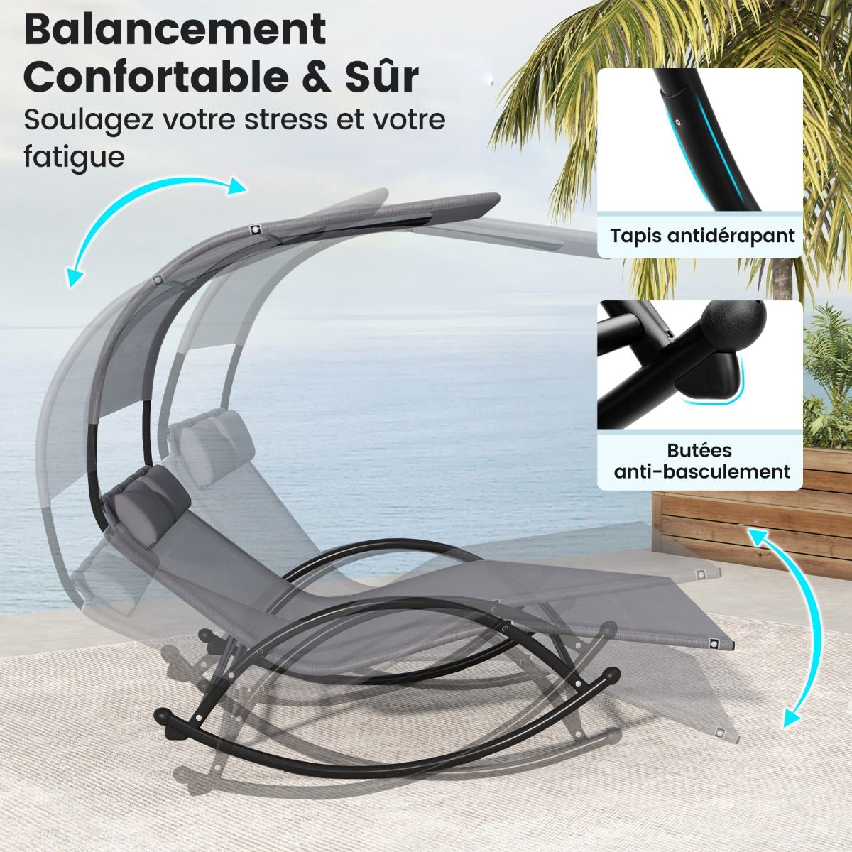 Chaise Longue Double Chaise à Bascule pour 2 Personnes 2 Appui-Têtes Amovibles Cadre en Métal Robuste Lit de Repos Ergonomique 2 Places Gris/Noir/Beige - Lidl-Manfred