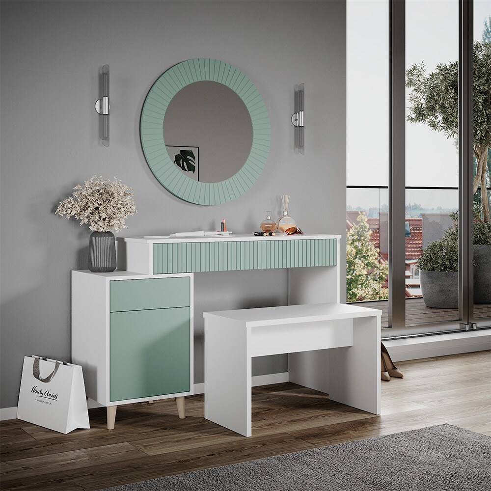 Vicco Schminktisch Frisiertisch Kosmetiktisch Arles Weiß Mintgrün Schminkspiegel Bank 120x77 cm Skandi Schlafzimmerkommode Schminkkommode Schublade Ablage Aufbewahrung Frisierkommode Make-Up-Tisch