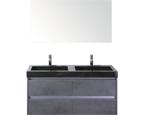 Sanox Dante badkamermeubelset (B x H x D): 121 x 170 x 45,5 cm, frontkleur: beton antraciet, met natuurstenen wastafel in zwart en natuurstenen dubbele wastafel, spiegel, badmeubel