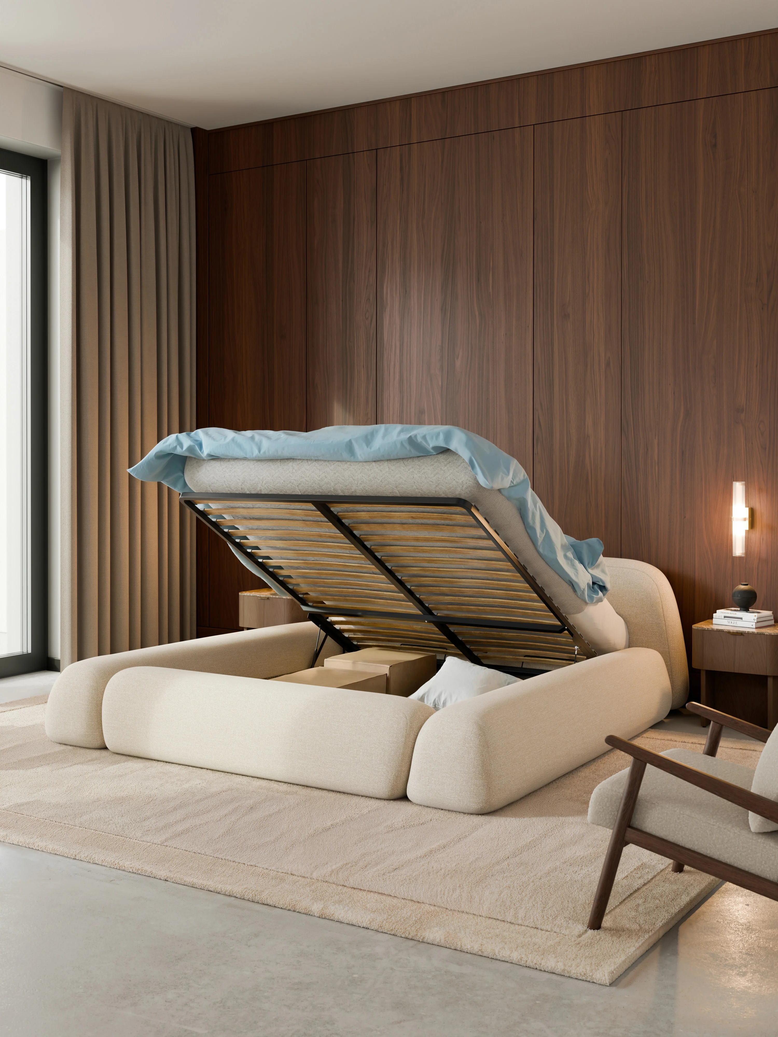 Bouclé gestoffeerd bed Wolke met opbergruimte