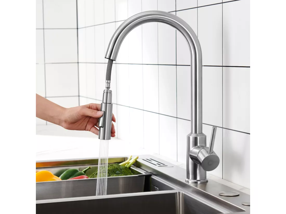 2PCS Mitigeur de Cuisine avec Douchette Extractible - Rotatif à 360 ° en Acier Inoxydable Brossé Mitigeur Cuisine d'Évier - 2 modes de sortie d'eau