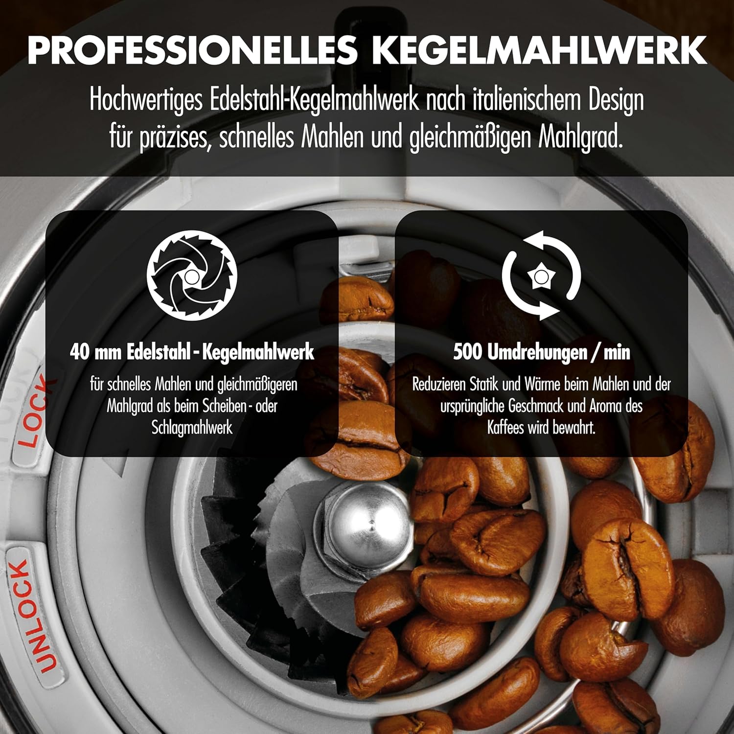 GASTROBACK Barista Kaffeemühle Elektrisch für Siebträgermaschine - 30 Stufen Mahlgrad Einstellbar, Kegelmühlen - Elektrische Kaffeemühle Kegelmahlwerk, Espressomühle Siebträger Kaffeemaschine