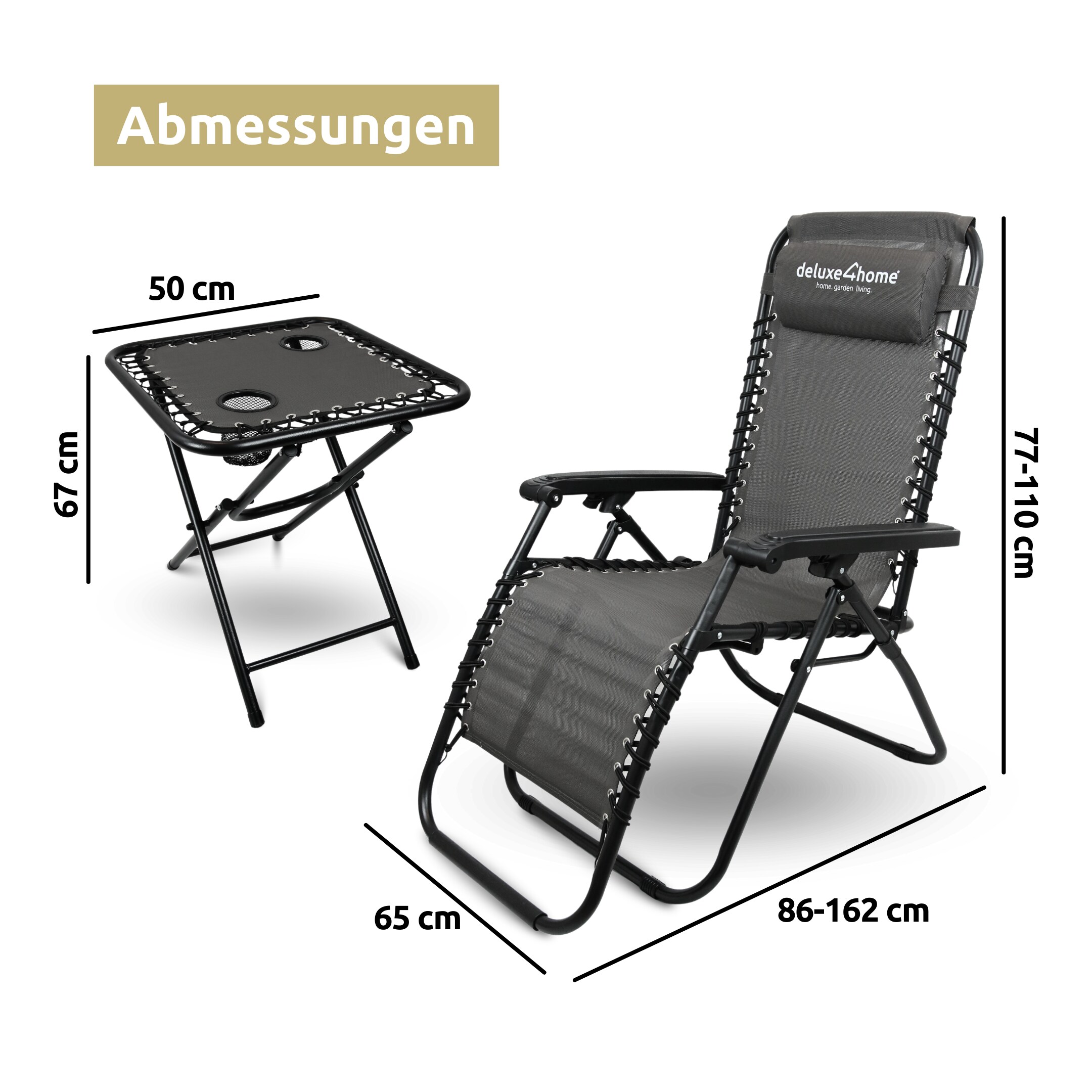 deluxe4home® Liegestühle mit Klapptisch faltbar mit gepolsterter Kopflehne