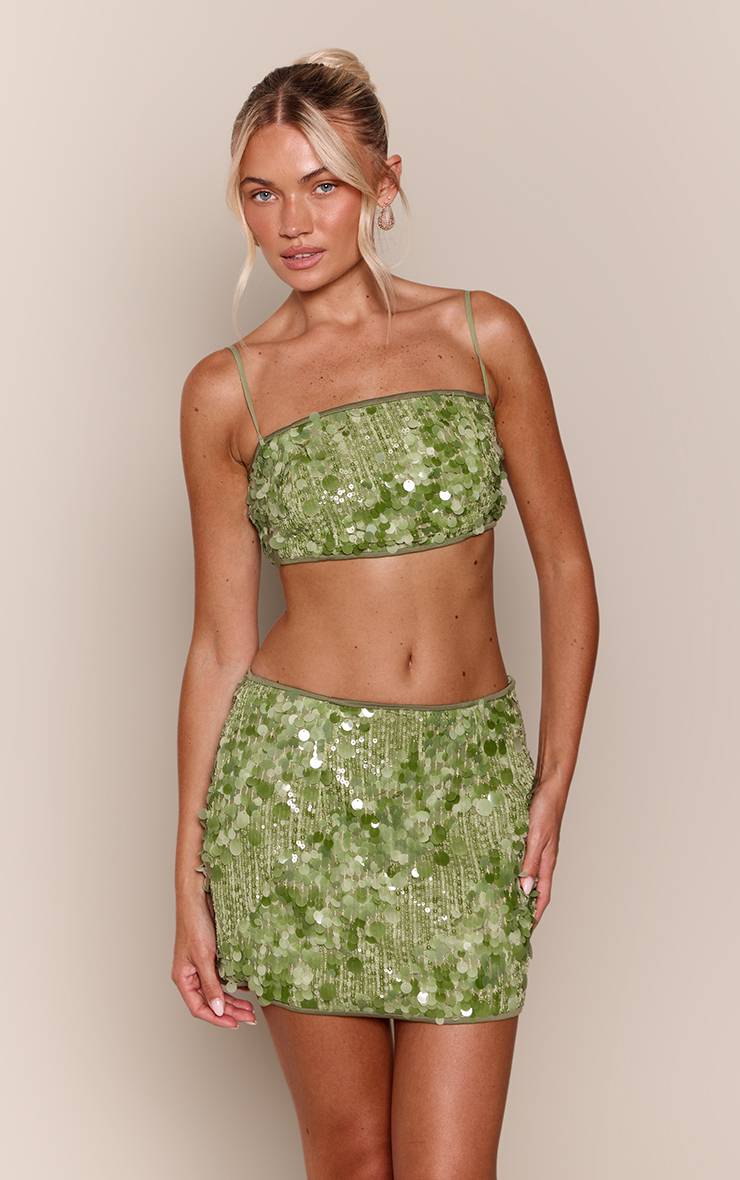 Vert Top Bralette À Bretelles À Sequins Ensemble Coordonné