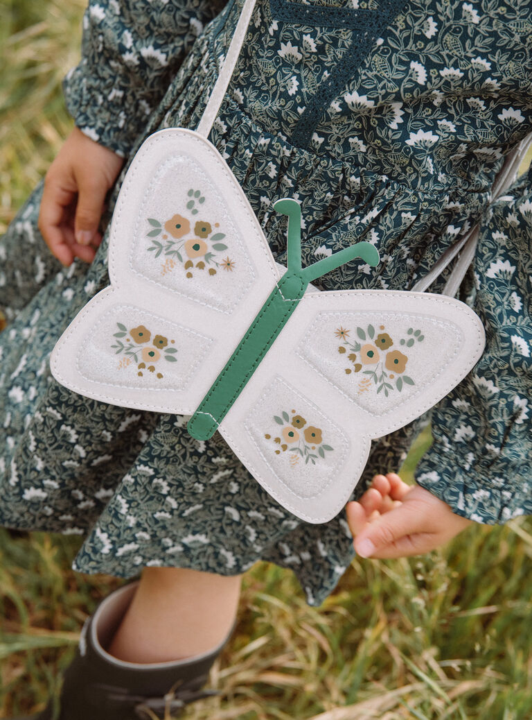 Sac besace papillon pailleté écru et vert