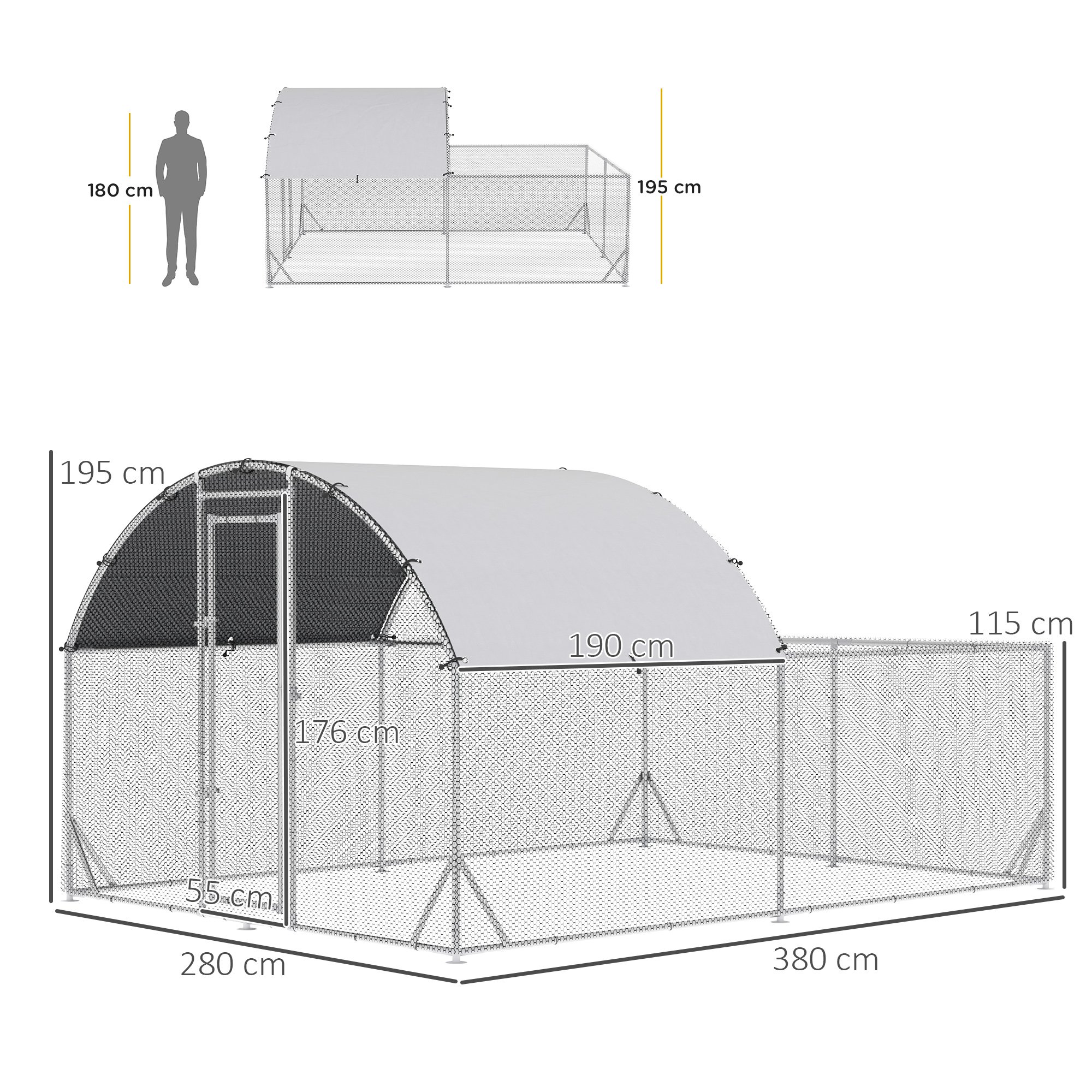 Galinheiro grande PawHut para exterior, 380x280x195 cm, gaiola de aço galvanizado para 10-12 galinhas com 2 andares, cobertura, porta e área externa para galinhas, coelhos e patos, cor prata.