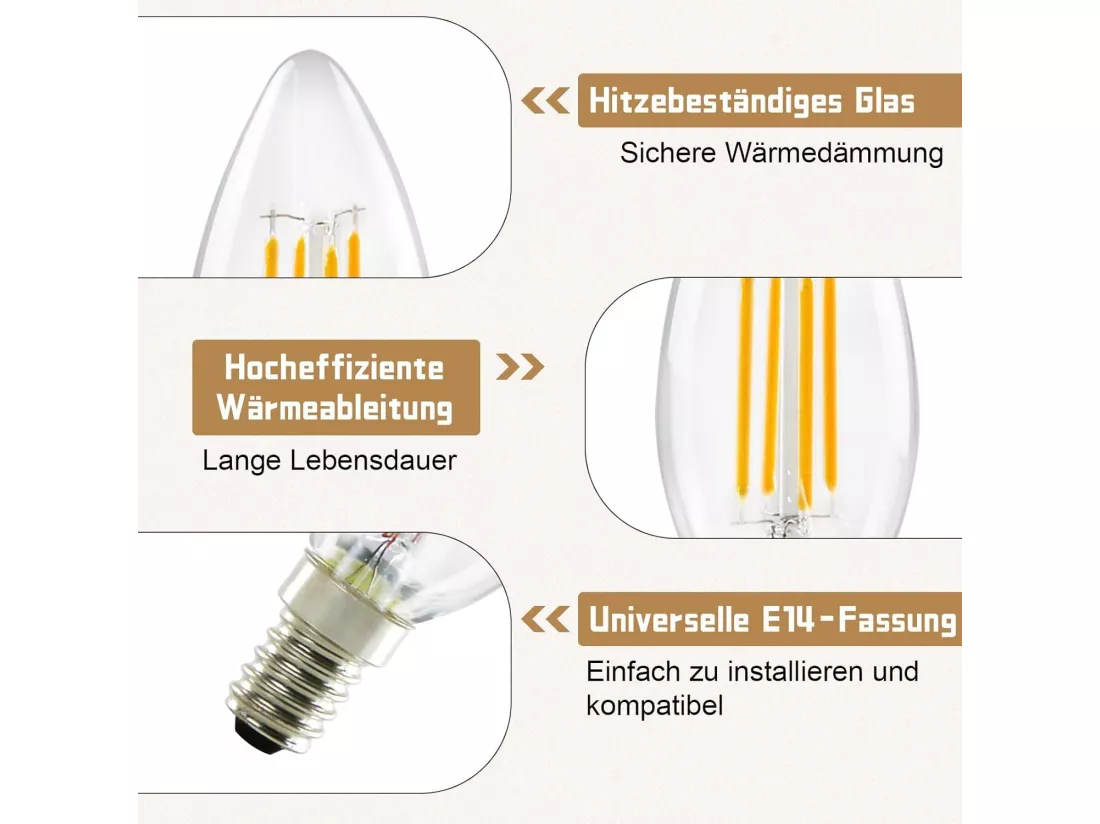 NETTLIFE Ampoule LED E14, blanc chaud, 6 pièces, 4W, lampe bougie, filament vintage, 2700K