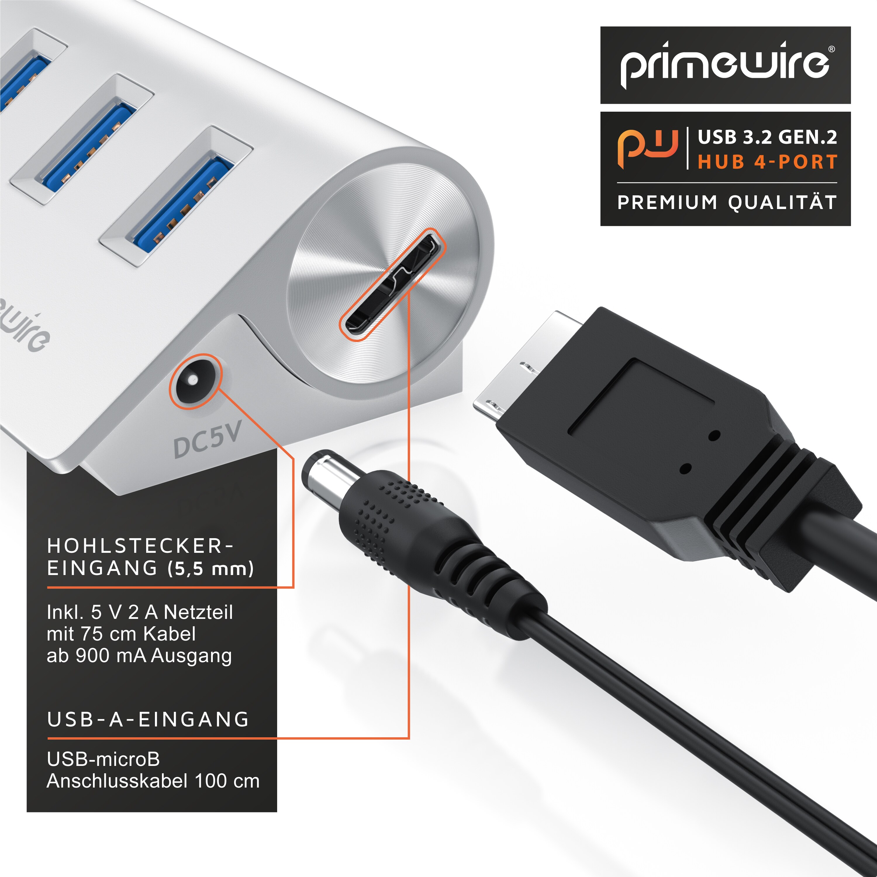 Primewire - USB 3.2 Gen2 Hub aktiv inkl. Netzteil - 4 Port Hub/Verteiler - für Notebook, Laptop, PC, kompatibel mit iMac, MacBook (Air, Pro, Mini)