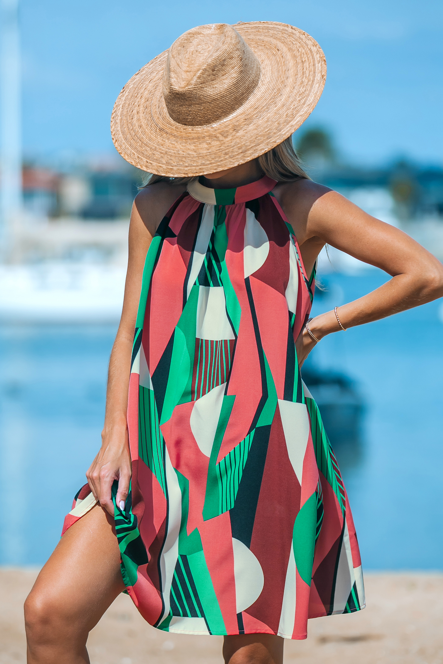 Robe mini ample sans manches à col haut vert et rose