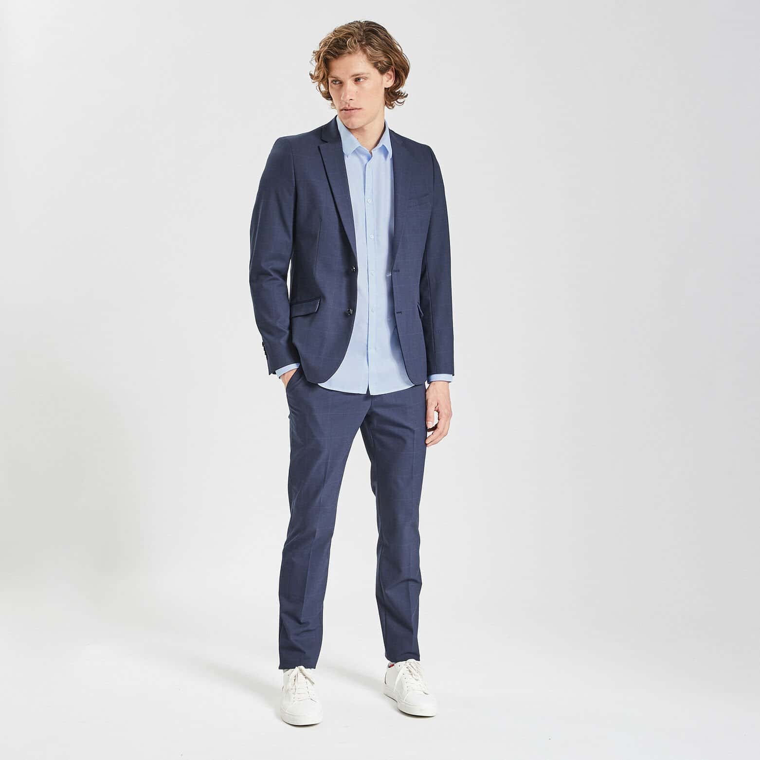 Chemise slim unie stay white/black coton Bleu clair