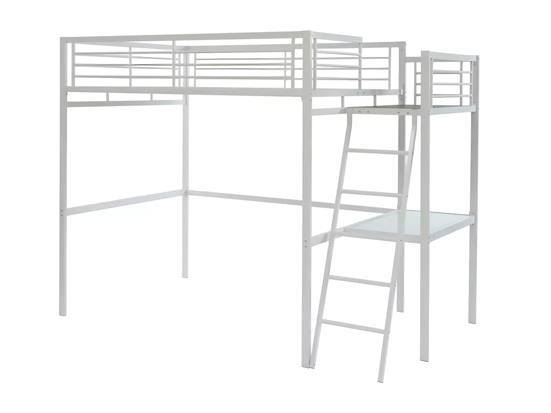 Lit mezzanine CASUAL II - 140 x 190 cm - plateforme bureau - Blanc + matelas