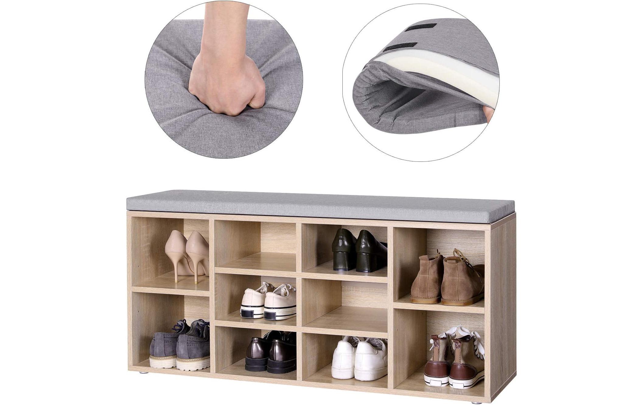 Schuhregal mit Polster, 104 x 48 cm, NatureSchuhablage mit Sitzbank