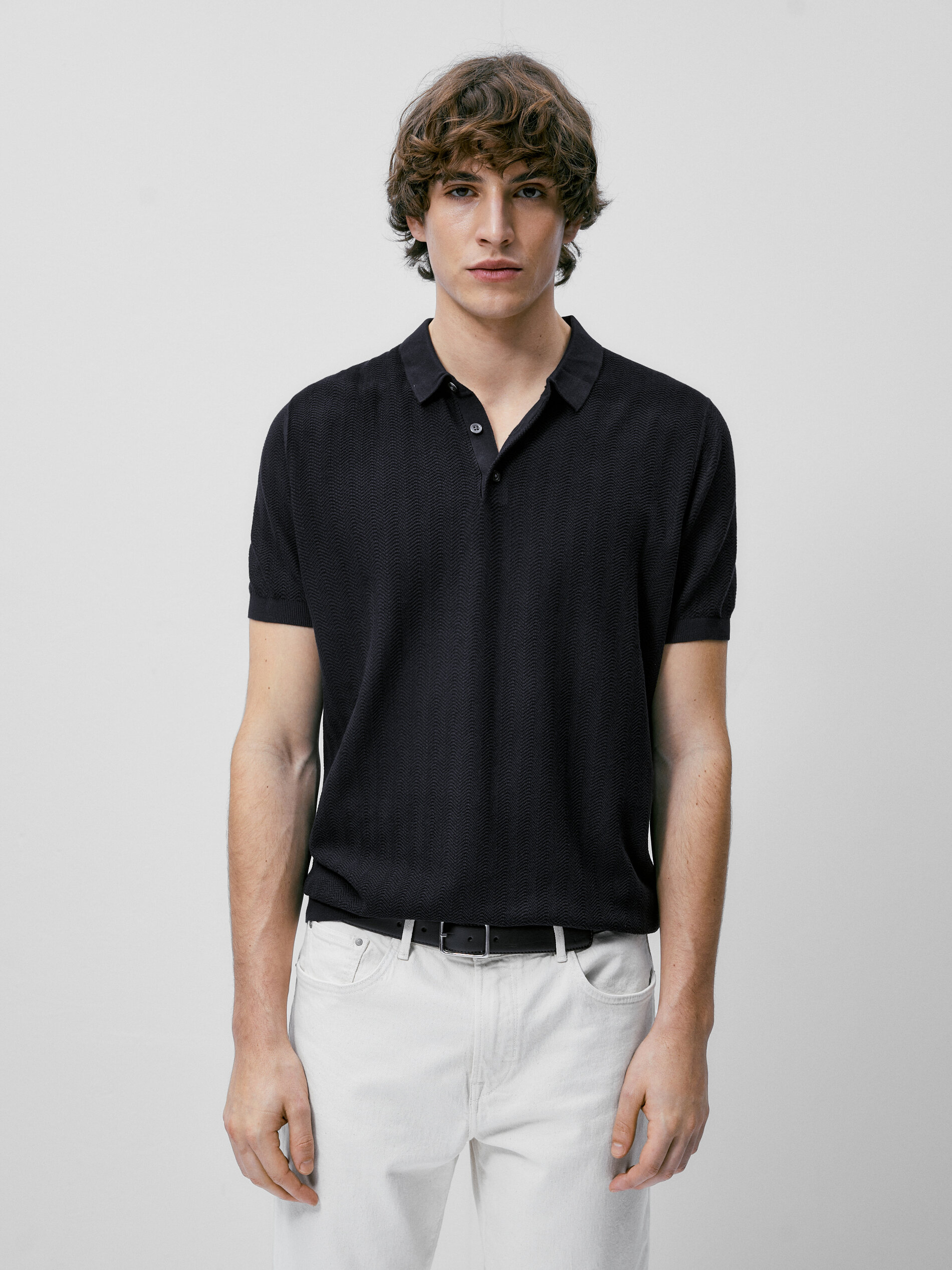 Camisa polo de malha espinha de peixe em algodão - AZUL MARINHO