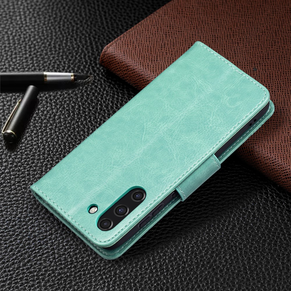 Samsung Galaxy S21 FE 5G Leder Tasche mit Kartenfach   Handschlaufe Schmetterling - Türkis
