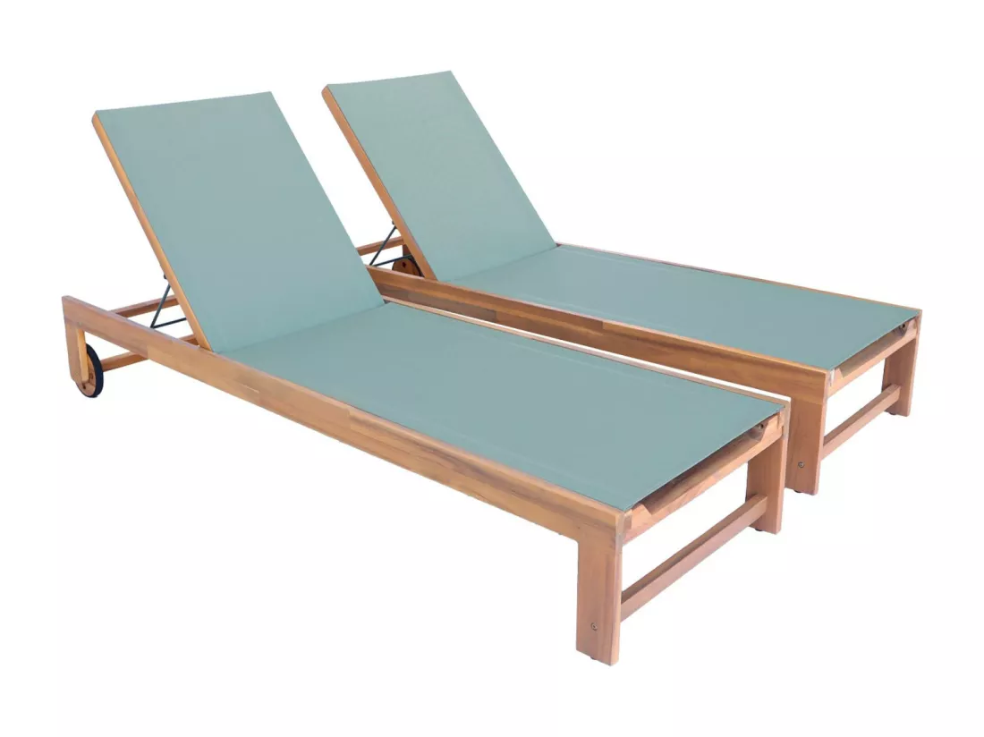 Lot de 2 bains de soleil en bois d'acacia et textilène kaki. multi positions avec roulettes