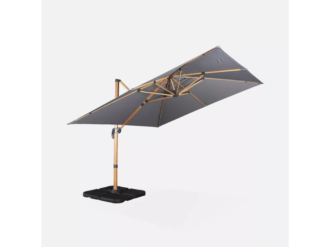 Parasol déporté carré 3x3m haut de gamme - Falgos - Gris- Parasol excentré inclinable. rabattable et rotatif à 360°.