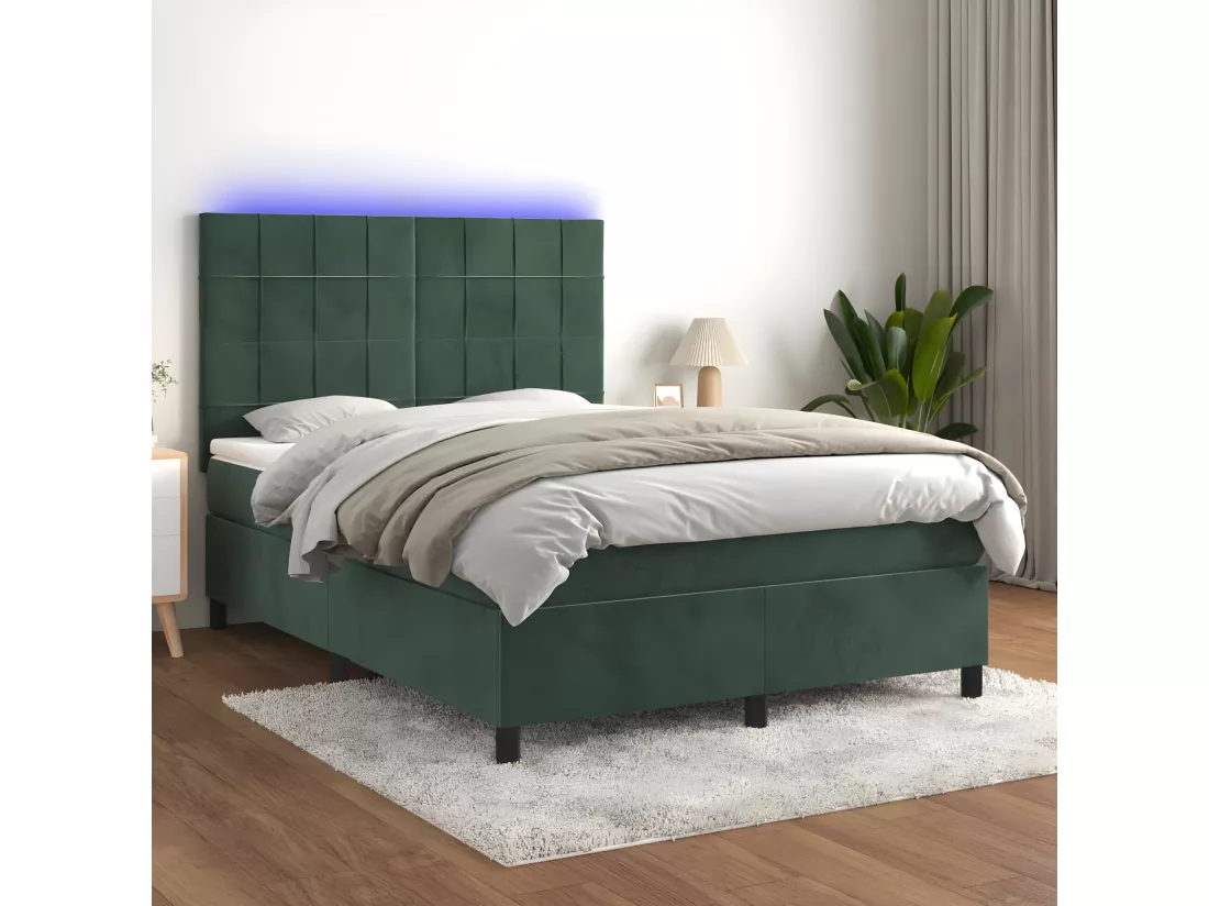 Sommier tapissier matelas et LED Vert foncé 140x200 cm Velours