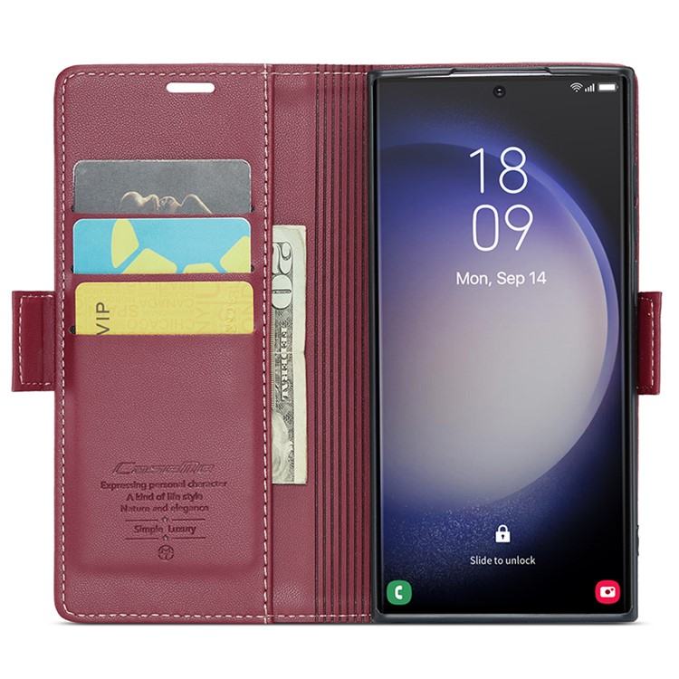 Samsung Galaxy S24 Ultra Leder Tasche Flip Wallet Etui mit Kartenfächern Litchi Look (RFID Schutz) - Rot