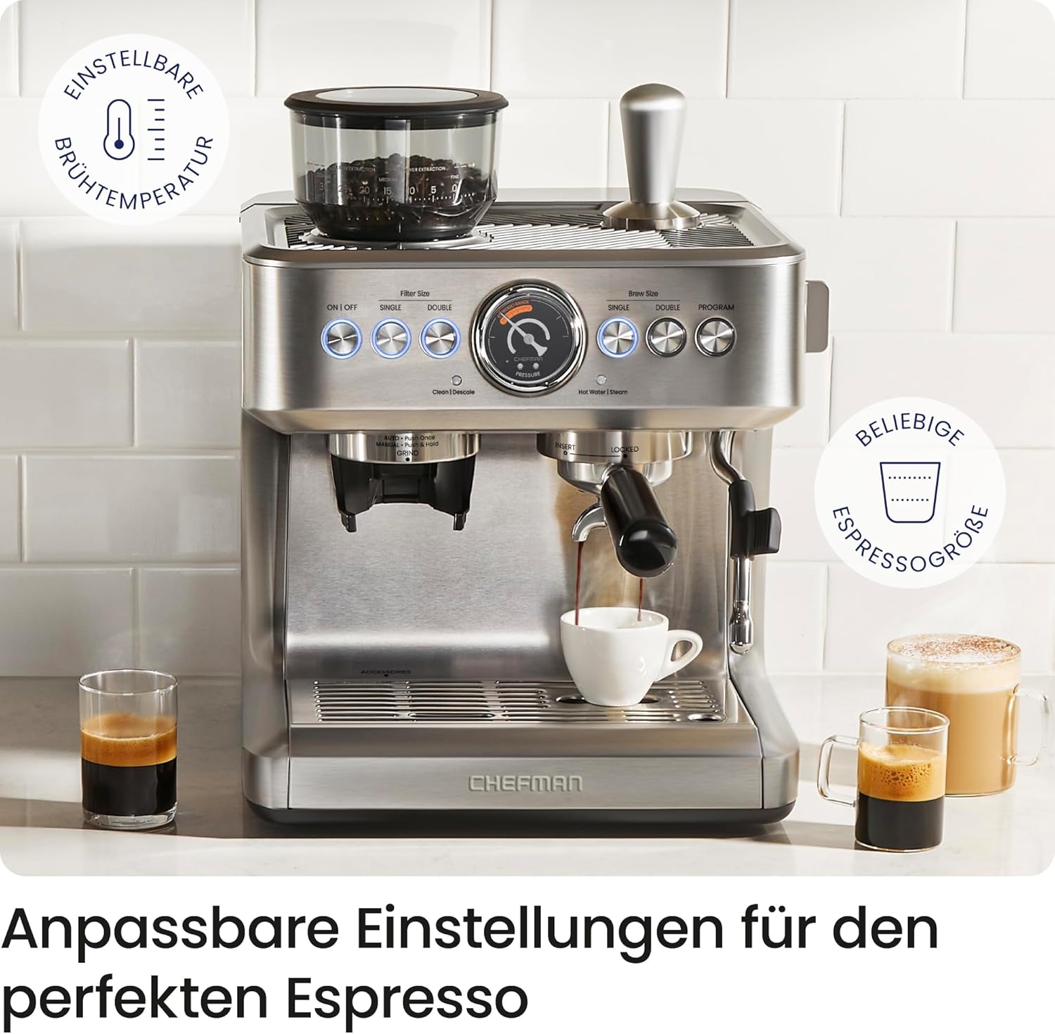 Chefman Crema Supreme 15 Bar Espressomaschine mit Milchaufschäumer, Barista Dampfstab, professionelle Kaffeemaschine mit Kaffeemühle, 30 Mahlgradeinstellungen, 3L abnehmbarer Wassertank - Edelstahl