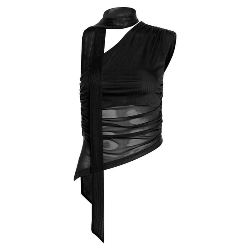 Bulgaris - Tanktop met één schouder, sjaalkraag, effen, doorschijnend, asymmetrische zoom en slim-fit pasvorm
