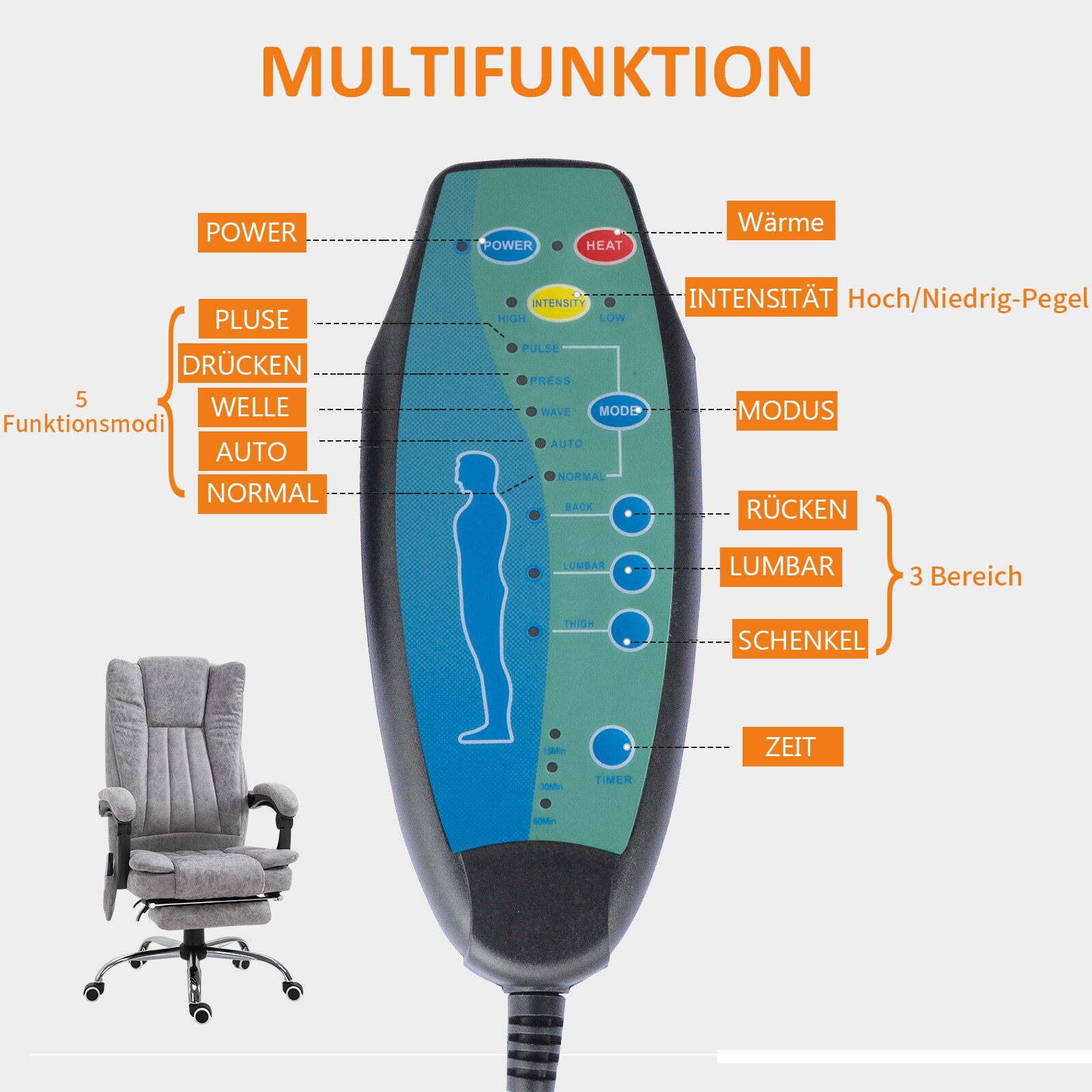 HOMCOM Bürostuhl mit Massage und Heizfunktion grau 62 x 67 x 113-120 cm (LxBxH)