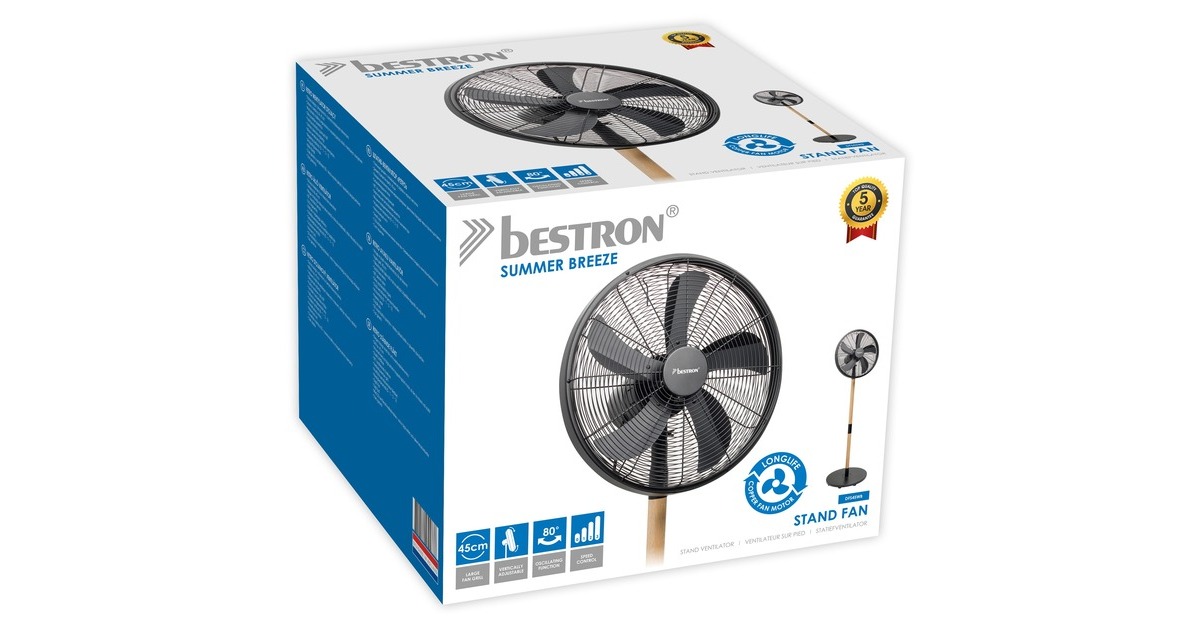 BestronDFS45WB Design Statiefventilator  (Zwart/houtkleur, Ø 45 cm | stijlvol hout desgin)