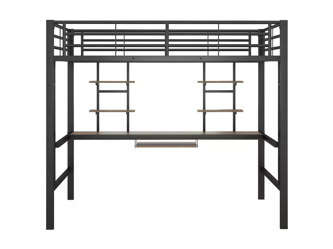 Cadre de lit en métal, loft bed avec bureau et deux bibliothèques pour enfants, adolescents et adultes, 140x200 cm, noir