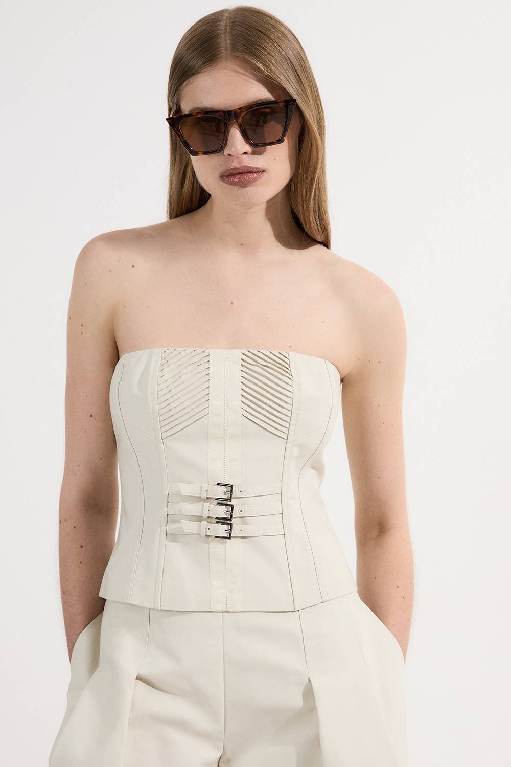 KarenMillen Collection d'archives – Corset bustier en coton structuré surpiqué avec ceinture en grosgrain