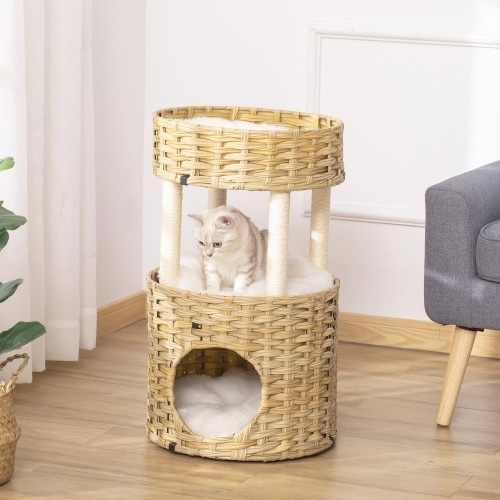 Caverna de arranhar para gatos em rattan da PawHut