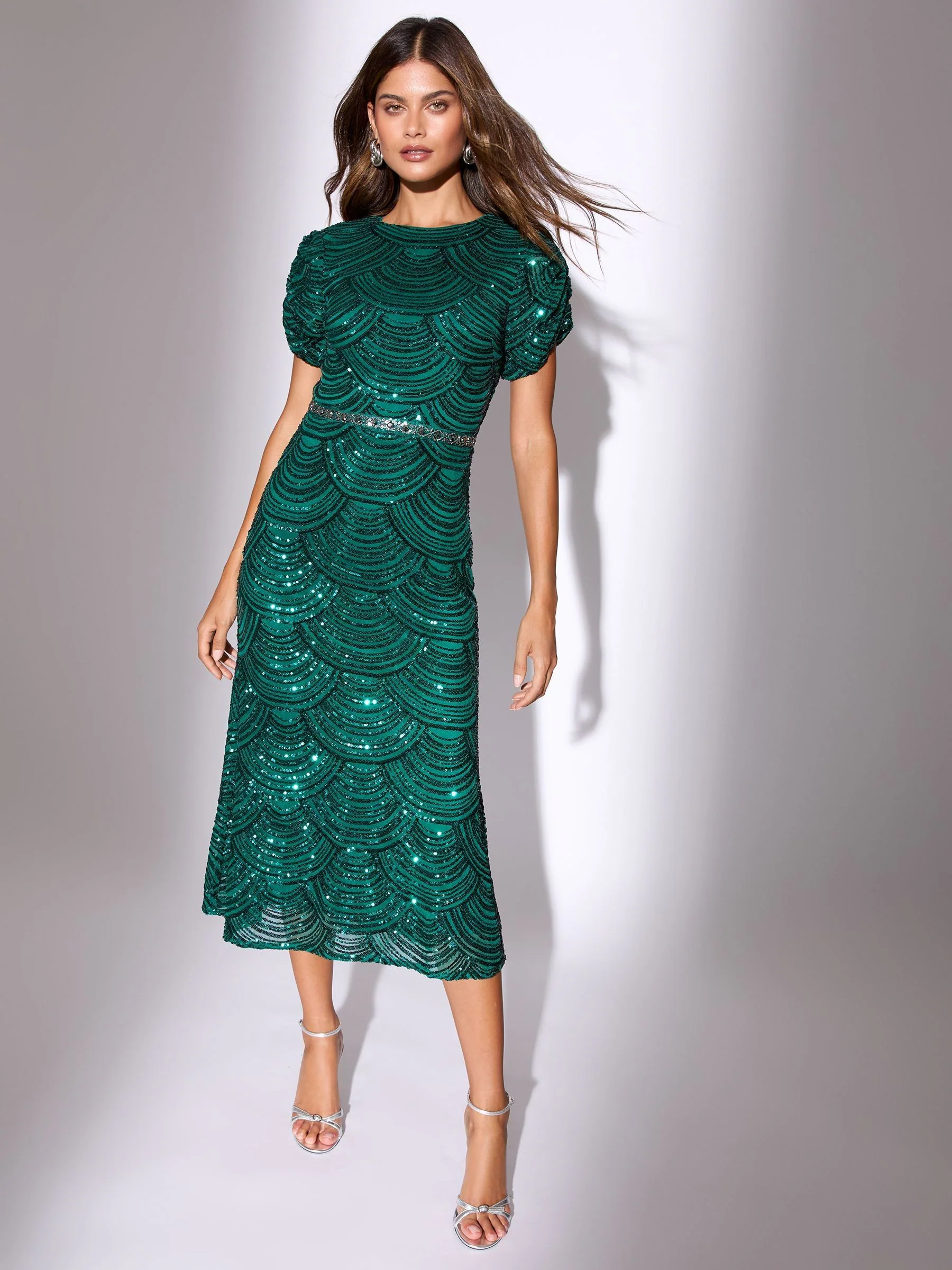 Groen - Lipsy mouwen Fit Premium Pailletten versierde korte en flare Midi-jurk