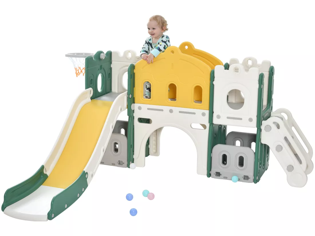 Toboggan en forme de château avec escalade, tunnel, espace de rangement et panier de basket - vert