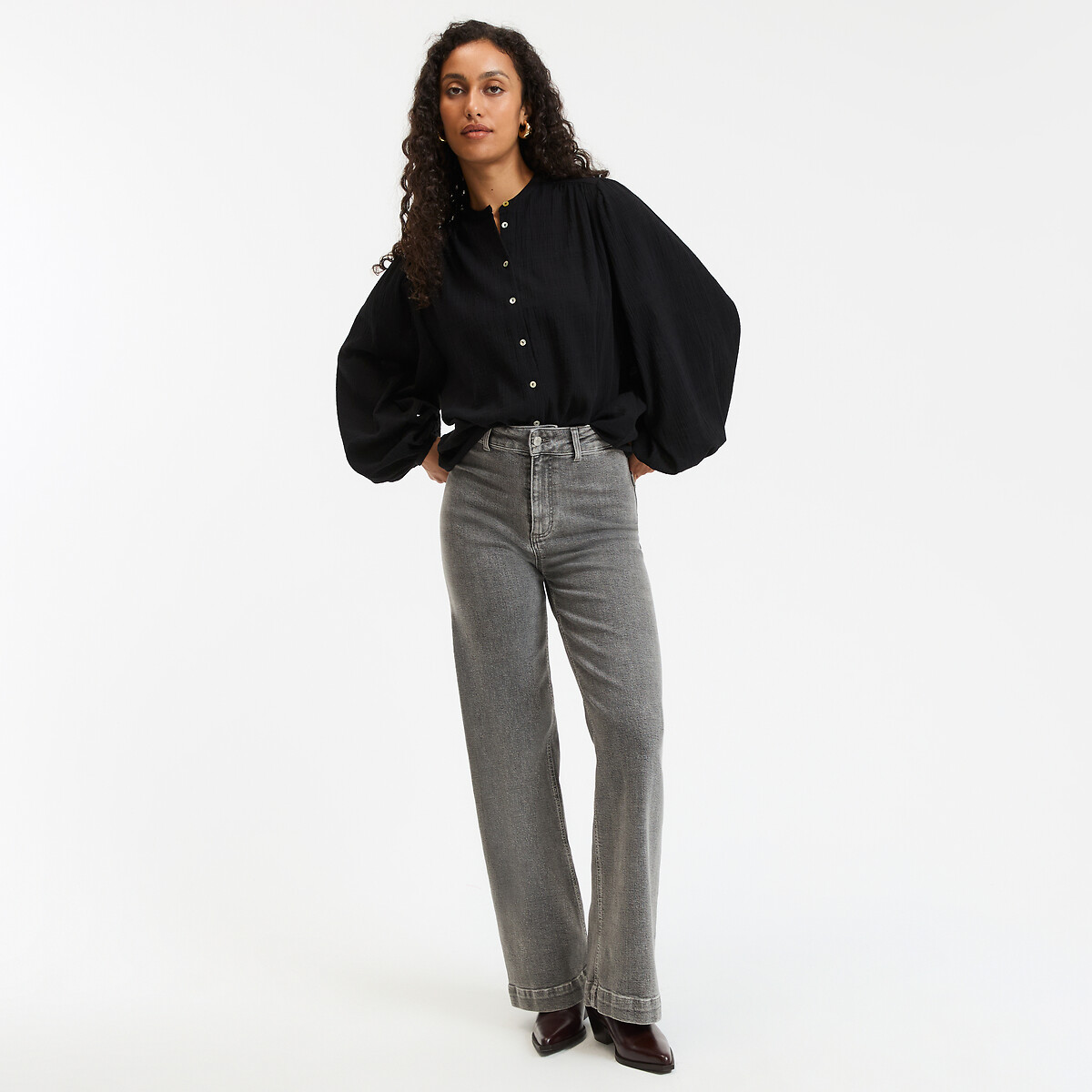 COLEÇÕES LA REDOUTE<br>Camisa oversized com gola mao, assinatura LISE