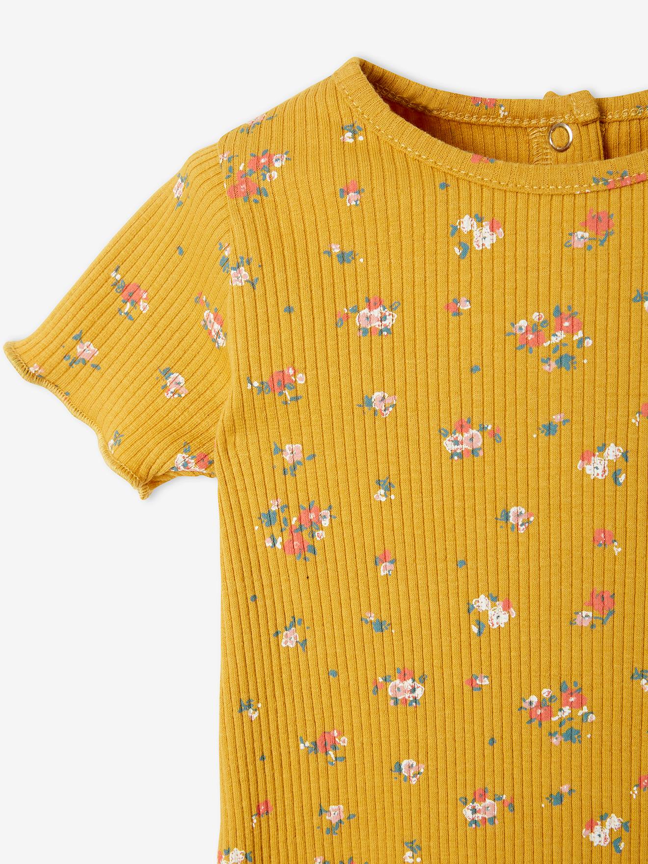Camiseta floral canelada para bebê, tamanho médio, estampa amarela