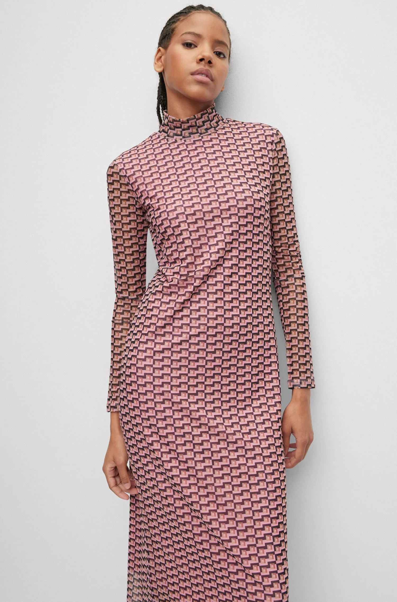 Vestido HUGO vermelho de corte justo em malha estampada com gola alta.