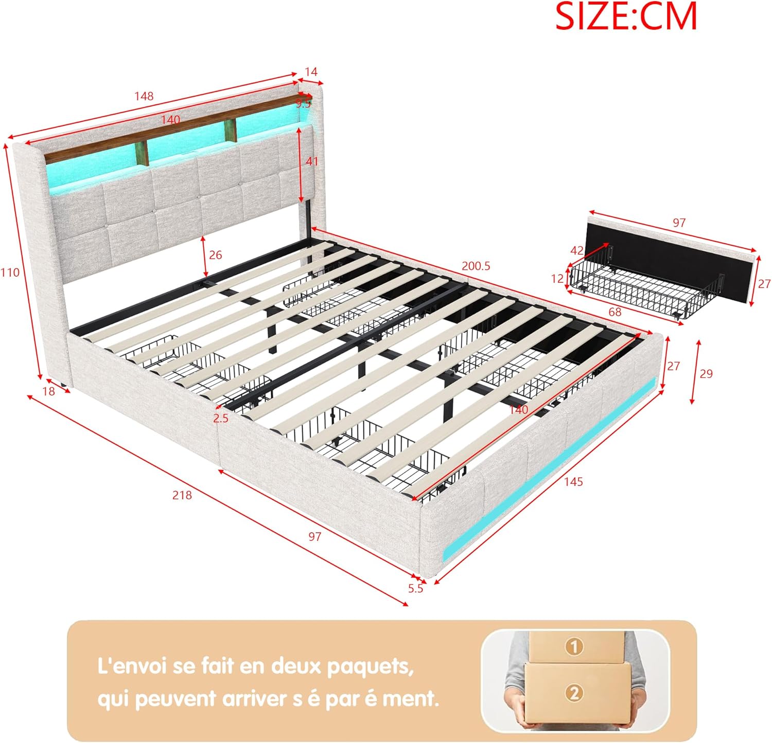 Bett 140x200 mit LED und USB, Polsterbett Doppelbett mit Stauraum-Kopfteil und 4 Schubladen, Stauraumbetten Jugendbett Bettgestell mit Lattenrost, Leinen in Beige, Ohne Matratze