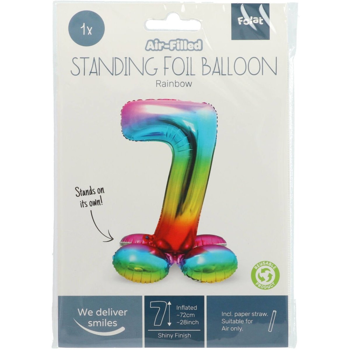 Folie Ballon Cijfer 7 Regenboog met standaard 72cm
