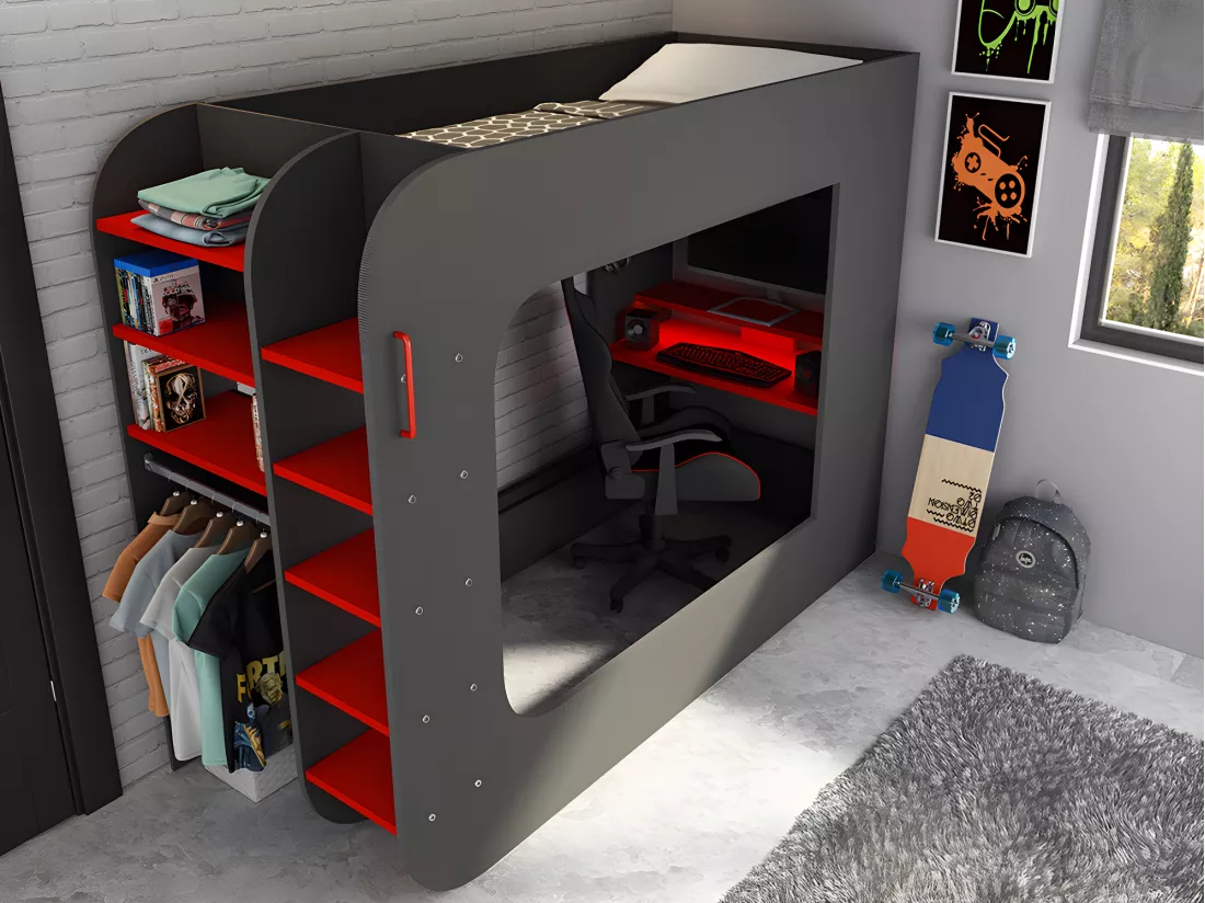 Lit mezzanine gamer 90 x 200 cm - Avec bureau et rangements - Avec LEDs - Anthracite et rouge - WARRIOR