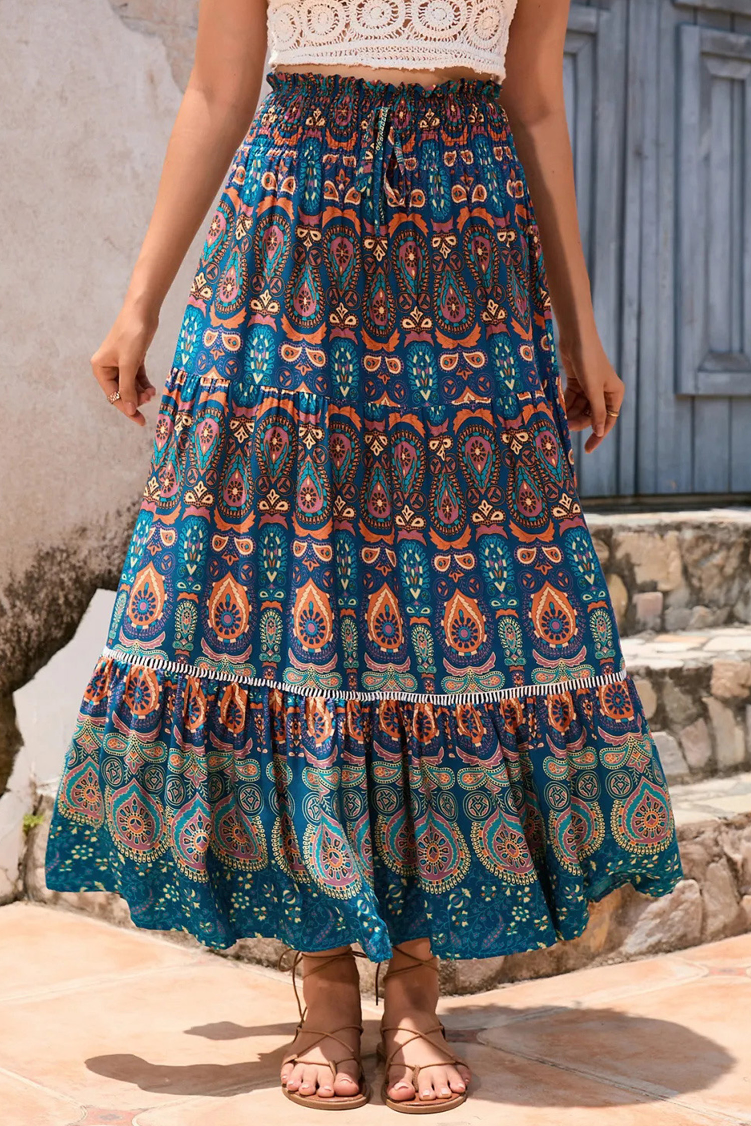 Jupe maxi à smocks et imprimé géométrique