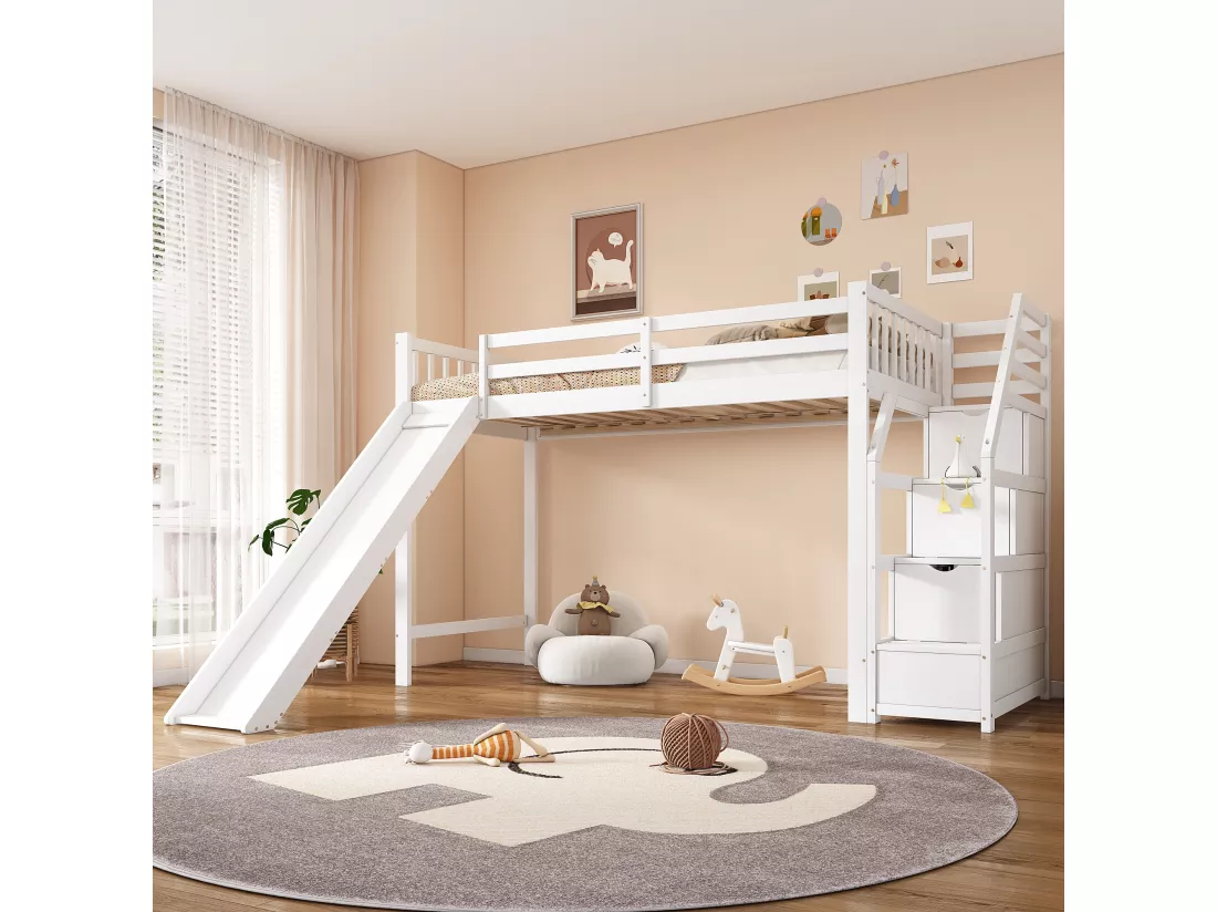 Lit mezzanine 90 x 200 cm avec 3 tiroirs et toboggan - bois de pin + MDF - sommier à lattes - blanc