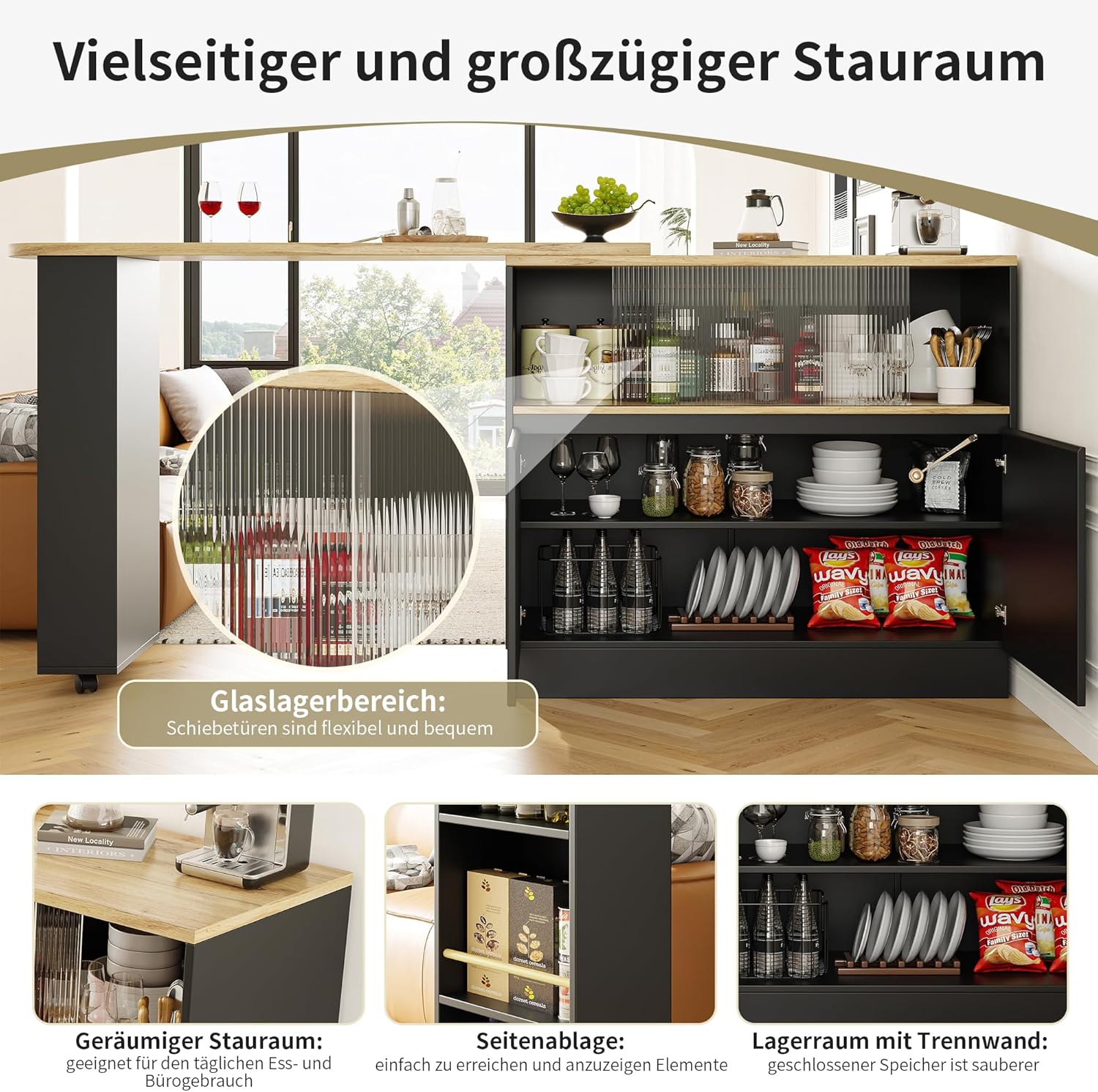 Kebnor Um 360° drehbare Essbar (Hauptkörper 90 x 45 x 100 cm), modernes, einfaches, multifunktionales, drehbares Sideboard mit Ablageflächen und Glas, geeignet für Küchen und Restaurants (schwarz)