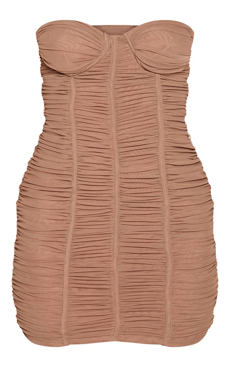 Taupe Robe Mini Corset Froncée En Mesh