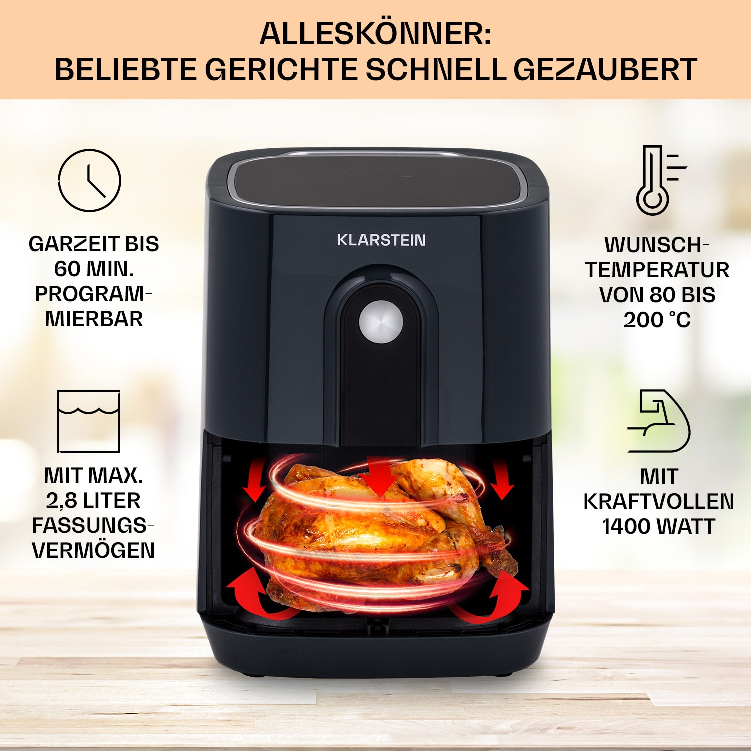 Crisp-Pro Heißluftfritteuse Air Fryer 1400W 2,8 Ltr Timer Edelstahl