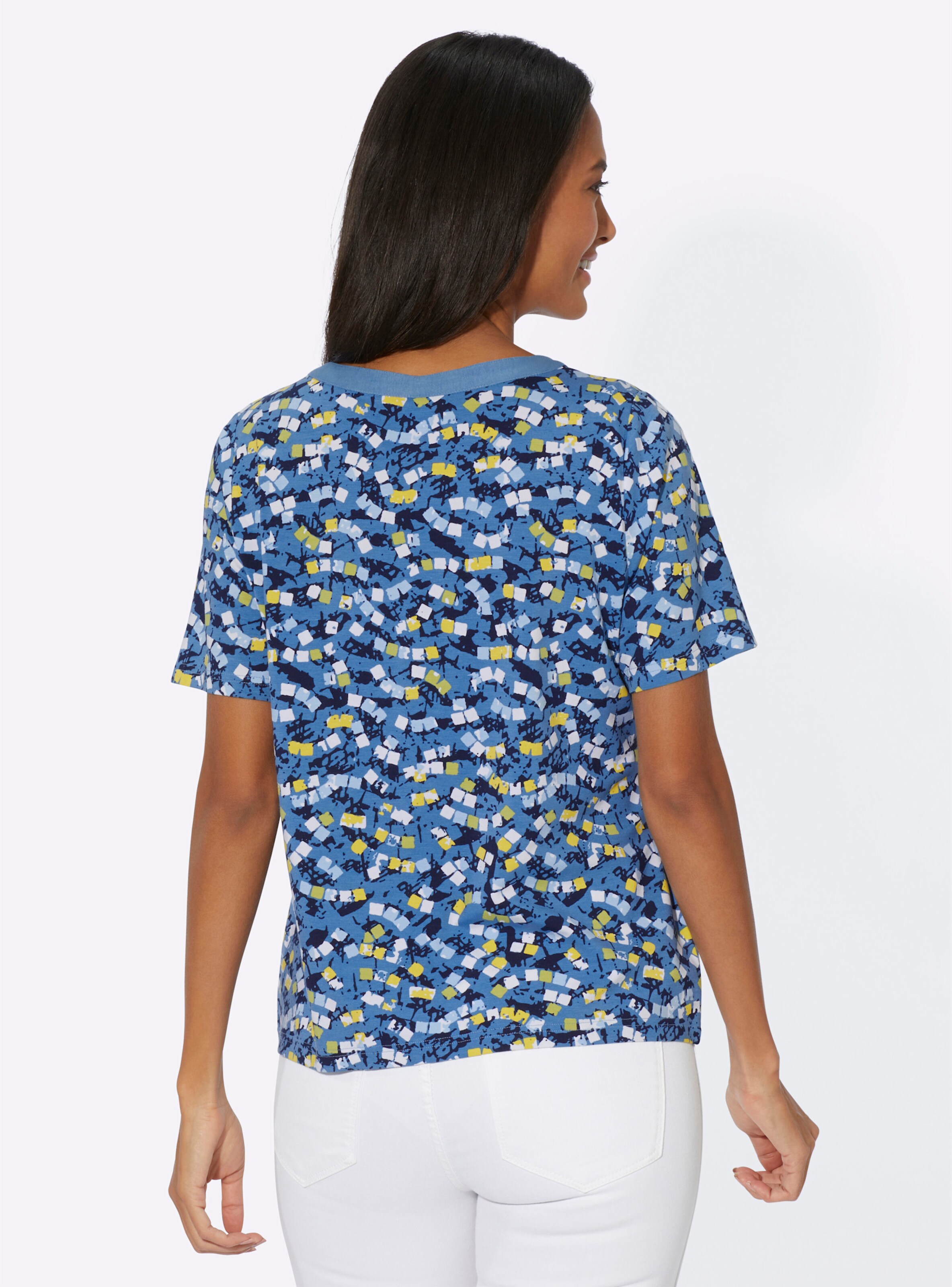 Kurzarmshirt in mittelblau-limone-bedruckt